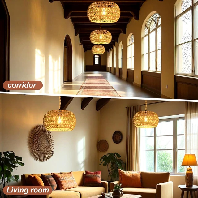 Alt view image 7 of 7 - Hanging Lights with Plug in Cord Rattan Hanging Lamp Boho Ceiling Light Fixtures Farmhouse Pendant Lamp Shape for Living Room Bedroom Kitchen