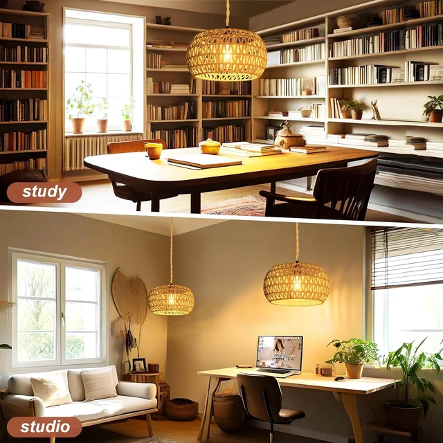 Alt view image 5 of 7 - Hanging Lights with Plug in Cord Rattan Hanging Lamp Boho Ceiling Light Fixtures Farmhouse Pendant Lamp Shape for Living Room Bedroom Kitchen
