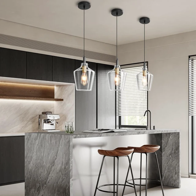 Alt view image 7 of 7 - Glass Pendant Lighting for Kitchen Island 1 Pack Black Gold Clear 8 Inch
