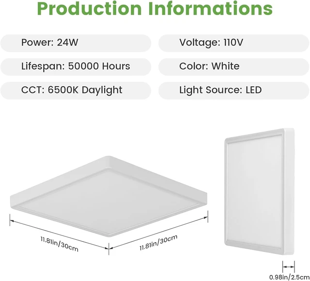 Alt view image 2 of 7 - Goeco 12 Inch Square Flush Mount LED Ceiling Light, 24W 6500K Daylight Cool White, Super Bright Surface Mount Ceiling Light Fixture for Bedroom, Living Room, Kitchen, Bathroom, Laundry Room, Closet