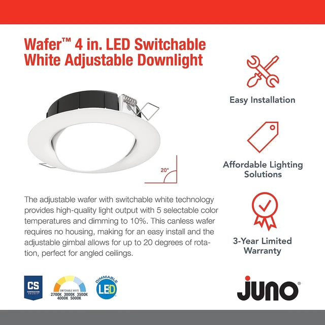 Alt view image 2 of 7 - Juno 4" Adjustable LED Wafer Downlight, 5-in-1 CCT, Matte White
