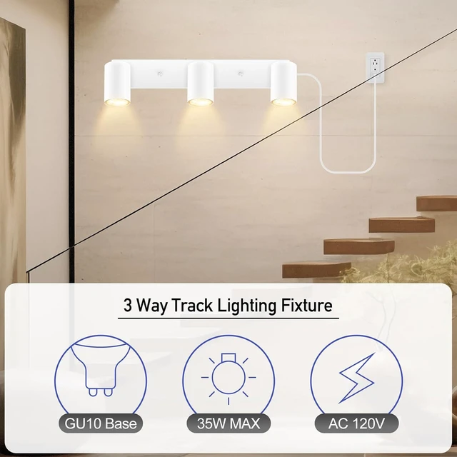 Alt view image 3 of 7 - Plug in Track Lighting, 3 Light Ceiling Lighting Kit, White 3 Way Modern Wall Spotlight, 15 FT Cord,Flexibly Rotatable Complete Light Kits for Kitchen Cabinet Gallery Bar Living RoomNo Bulb