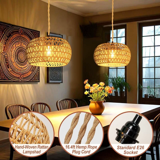 Alt view image 3 of 7 - Hanging Lights with Plug in Cord Rattan Hanging Lamp Boho Ceiling Light Fixtures Farmhouse Pendant Lamp Shape for Living Room Bedroom Kitchen