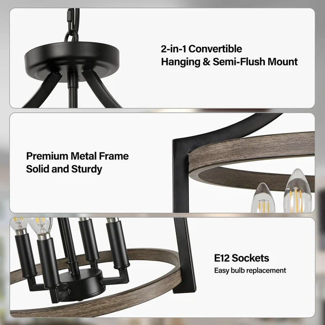 Alt view image 3 of 7 - 4-Light Farmhouse Chandelier, Metal Semi Flush Mount Ceiling Light