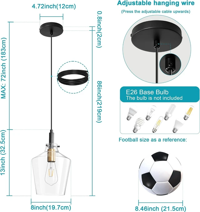 Alt view image 5 of 7 - Glass Pendant Lighting for Kitchen Island 1 Pack Black Gold Clear 8 Inch