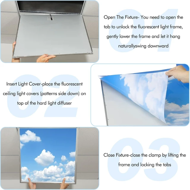 Alt view image 4 of 6 - Amylove 4 Pcs Fluorescent Light Covers Classroom Ceiling Panels Light Filters with Backlit Film Material for Office School, 4 x 2 Feet (White, Blue,Cloud)