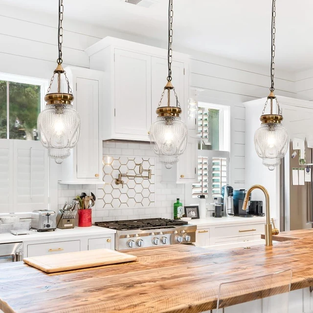 Alt view image 7 of 7 - Vintage Brushed Gold Pendant Light with Clear Heavy Thick Glass, Farmhouse Bronze Pendant Lights Kitchen Island, Vintage Looking Hall Pendant Light Fixture for Hallway, Bathroom, Bedroom