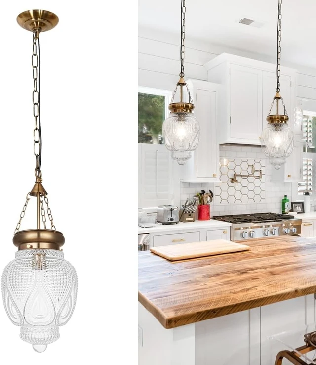 Alt view image 5 of 7 - Vintage Brushed Gold Pendant Light with Clear Heavy Thick Glass, Farmhouse Bronze Pendant Lights Kitchen Island, Vintage Looking Hall Pendant Light Fixture for Hallway, Bathroom, Bedroom