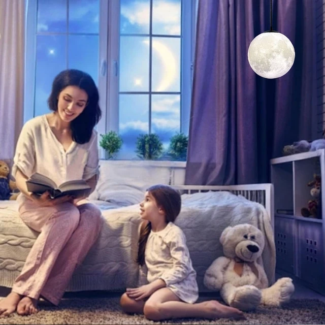 Alt view image 4 of 6 - Modern Led Moon Pendant Lights Fixture,Light Up Globe Night Light,3D Printed Galaxy Moon Lamp for Kids and Adults Bedroom Childrens Room Etc Ceiling Light Decor Gift (LED Bulb Included)