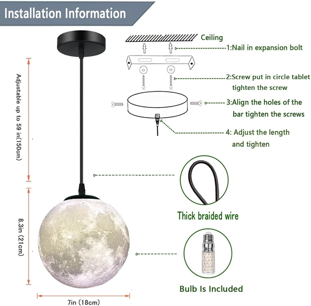 Alt view image 5 of 6 - Modern Led Moon Pendant Lights Fixture,Light Up Globe Night Light,3D Printed Galaxy Moon Lamp for Kids and Adults Bedroom Childrens Room Etc Ceiling Light Decor Gift (LED Bulb Included)