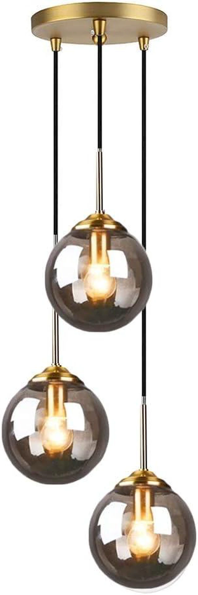 Main image of H XD GLOBAL Industrial Retro Loft 3 Way Pendant Light, Cluster Chandelier Hanging Lamp Fixture Brass Fittings with Glass Globe Lampshade (Grey)