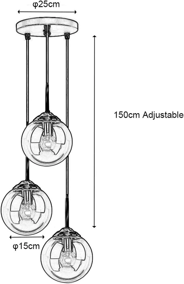 Alt view image 2 of 5 - H XD GLOBAL Industrial Retro Loft 3 Way Pendant Light, Cluster Chandelier Hanging Lamp Fixture Brass Fittings with Glass Globe Lampshade (Grey)