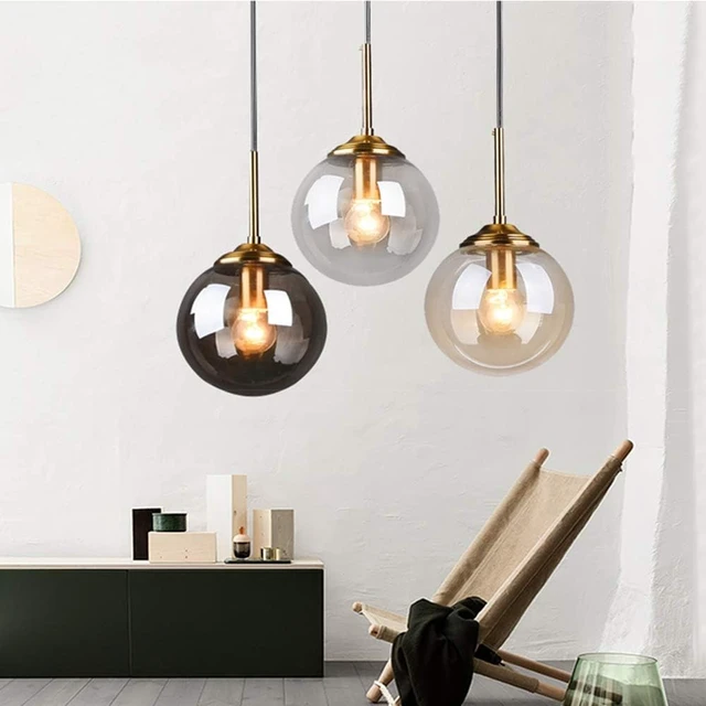 Alt view image 4 of 5 - H XD GLOBAL Industrial Retro Loft 3 Way Pendant Light, Cluster Chandelier Hanging Lamp Fixture Brass Fittings with Glass Globe Lampshade (Grey)