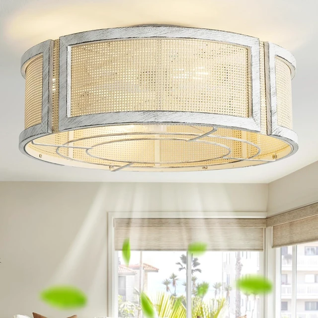 Main image of 20" Boho Ceiling Fans with Lights, Rattan Flush Mount Ceiling Fan with Light Remote Control with Caged 6 Speeds for Bedroom, Nursery, Living Room (White)
