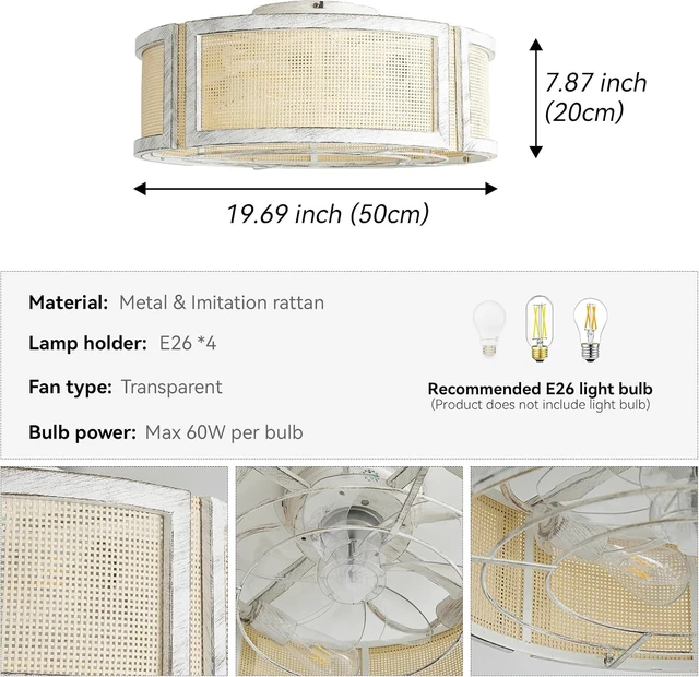 Alt view image 2 of 7 - 20" Boho Ceiling Fans with Lights, Rattan Flush Mount Ceiling Fan with Light Remote Control with Caged 6 Speeds for Bedroom, Nursery, Living Room (White)
