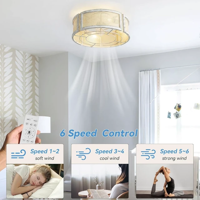 Alt view image 3 of 7 - 20" Boho Ceiling Fans with Lights, Rattan Flush Mount Ceiling Fan with Light Remote Control with Caged 6 Speeds for Bedroom, Nursery, Living Room (White)