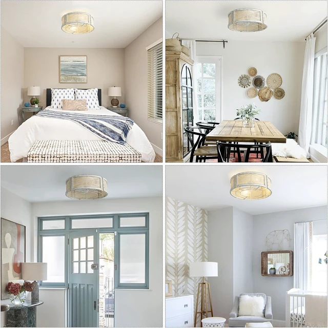 Alt view image 6 of 7 - 20" Boho Ceiling Fans with Lights, Rattan Flush Mount Ceiling Fan with Light Remote Control with Caged 6 Speeds for Bedroom, Nursery, Living Room (White)