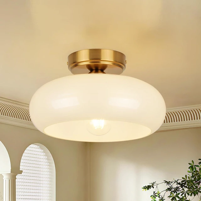 Main image of Small Semi Flush Mount Ceiling Light Fixture, 11'' Vintage Mid-Century Gold with White Milk Glass Shade, Modern Farmhouse Lighting for Kitchen, Hallway, Bedroom, Foyer, Schoolhouse
