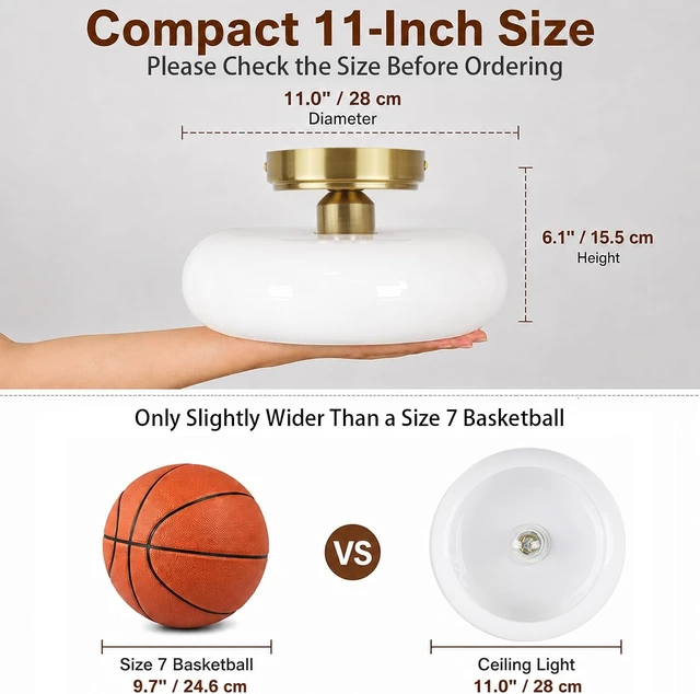 Alt view image 2 of 7 - Small Semi Flush Mount Ceiling Light Fixture, 11'' Vintage Mid-Century Gold with White Milk Glass Shade, Modern Farmhouse Lighting for Kitchen, Hallway, Bedroom, Foyer, Schoolhouse