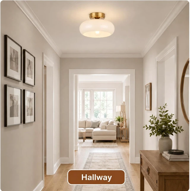 Alt view image 3 of 7 - Small Semi Flush Mount Ceiling Light Fixture, 11'' Vintage Mid-Century Gold with White Milk Glass Shade, Modern Farmhouse Lighting for Kitchen, Hallway, Bedroom, Foyer, Schoolhouse