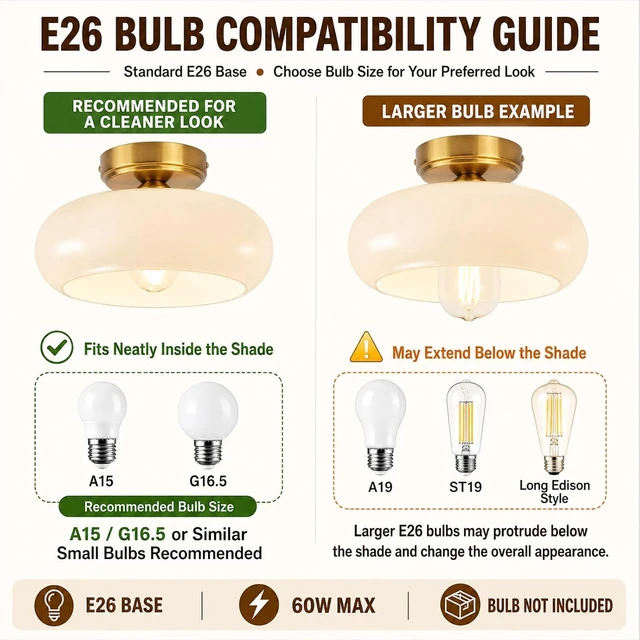 Alt view image 4 of 7 - Small Semi Flush Mount Ceiling Light Fixture, 11'' Vintage Mid-Century Gold with White Milk Glass Shade, Modern Farmhouse Lighting for Kitchen, Hallway, Bedroom, Foyer, Schoolhouse