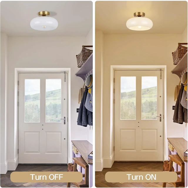 Alt view image 5 of 7 - Small Semi Flush Mount Ceiling Light Fixture, 11'' Vintage Mid-Century Gold with White Milk Glass Shade, Modern Farmhouse Lighting for Kitchen, Hallway, Bedroom, Foyer, Schoolhouse