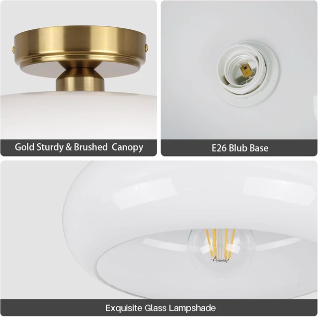 Alt view image 6 of 7 - Small Semi Flush Mount Ceiling Light Fixture, 11'' Vintage Mid-Century Gold with White Milk Glass Shade, Modern Farmhouse Lighting for Kitchen, Hallway, Bedroom, Foyer, Schoolhouse