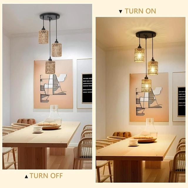 Alt view image 2 of 7 - LAMSU 3 Lights Rattan Pendant Light, Farmhouse Dining Room Light Fixtures Ceiling Hanging, Boho Pendant Lighting with Hand Woven Wicker Shades for Kitchen Island Living Room Bedroom Foyer Hallway