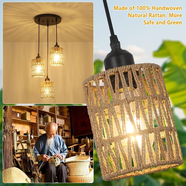 Alt view image 4 of 7 - LAMSU 3 Lights Rattan Pendant Light, Farmhouse Dining Room Light Fixtures Ceiling Hanging, Boho Pendant Lighting with Hand Woven Wicker Shades for Kitchen Island Living Room Bedroom Foyer Hallway