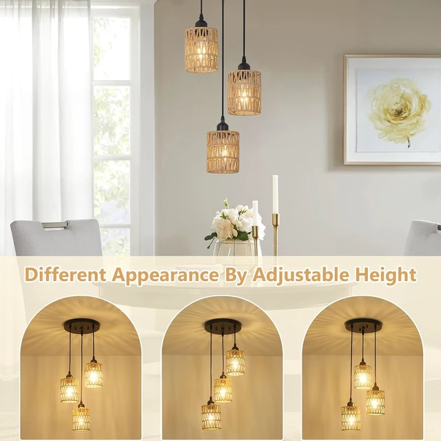 Alt view image 3 of 7 - LAMSU 3 Lights Rattan Pendant Light, Farmhouse Dining Room Light Fixtures Ceiling Hanging, Boho Pendant Lighting with Hand Woven Wicker Shades for Kitchen Island Living Room Bedroom Foyer Hallway