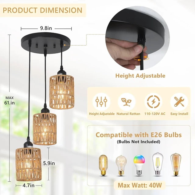 Alt view image 5 of 7 - LAMSU 3 Lights Rattan Pendant Light, Farmhouse Dining Room Light Fixtures Ceiling Hanging, Boho Pendant Lighting with Hand Woven Wicker Shades for Kitchen Island Living Room Bedroom Foyer Hallway