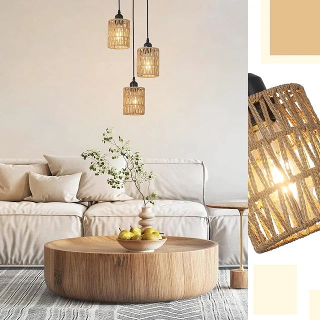 Alt view image 6 of 7 - LAMSU 3 Lights Rattan Pendant Light, Farmhouse Dining Room Light Fixtures Ceiling Hanging, Boho Pendant Lighting with Hand Woven Wicker Shades for Kitchen Island Living Room Bedroom Foyer Hallway