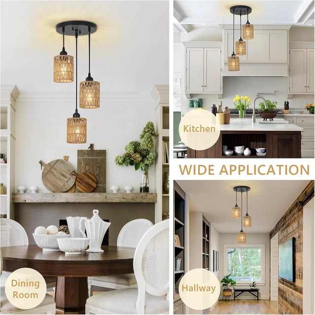 Alt view image 7 of 7 - LAMSU 3 Lights Rattan Pendant Light, Farmhouse Dining Room Light Fixtures Ceiling Hanging, Boho Pendant Lighting with Hand Woven Wicker Shades for Kitchen Island Living Room Bedroom Foyer Hallway