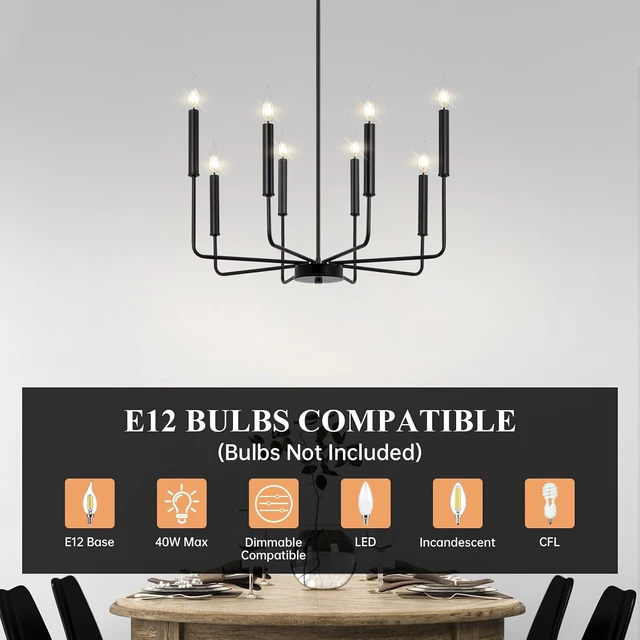 Alt view image 6 of 7 - Qamra Modern Farmhouse Black Chandelier for Dining Room, 8-Light