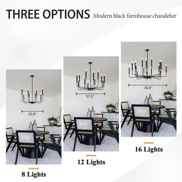 Alt view image 7 of 7 - Qamra Modern Farmhouse Black Chandelier for Dining Room, 8-Light