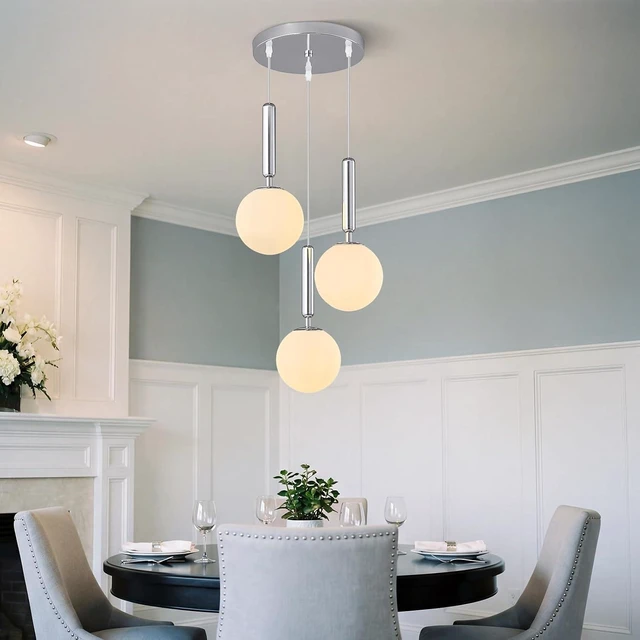 Main image of Modern Chrome Pendant Light Hanging Fixture Light for Kitchen Island Mid Century with Globe Pendant Light Milk White Glass Pendant Lighting for Living Room Bedroom Entryway (3 Lights)