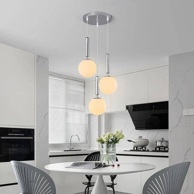 Alt view image 2 of 7 - Modern Chrome Pendant Light Hanging Fixture Light for Kitchen Island Mid Century with Globe Pendant Light Milk White Glass Pendant Lighting for Living Room Bedroom Entryway (3 Lights)