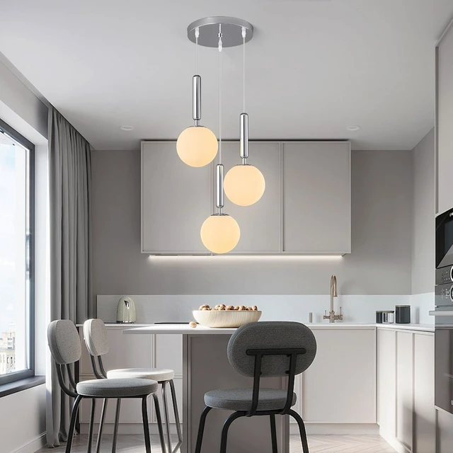 Alt view image 3 of 7 - Modern Chrome Pendant Light Hanging Fixture Light for Kitchen Island Mid Century with Globe Pendant Light Milk White Glass Pendant Lighting for Living Room Bedroom Entryway (3 Lights)