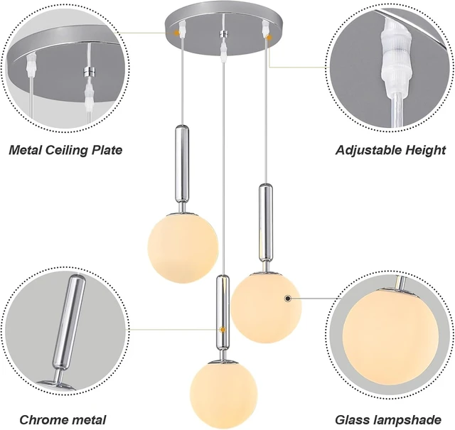 Alt view image 7 of 7 - Modern Chrome Pendant Light Hanging Fixture Light for Kitchen Island Mid Century with Globe Pendant Light Milk White Glass Pendant Lighting for Living Room Bedroom Entryway (3 Lights)