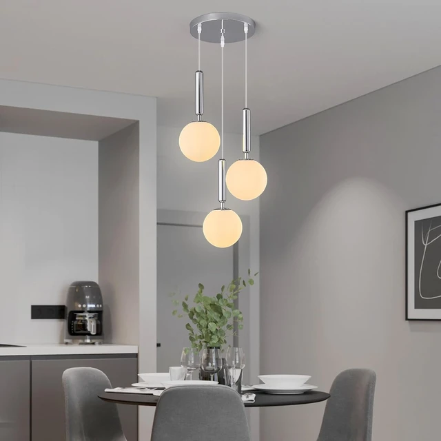 Alt view image 4 of 7 - Modern Chrome Pendant Light Hanging Fixture Light for Kitchen Island Mid Century with Globe Pendant Light Milk White Glass Pendant Lighting for Living Room Bedroom Entryway (3 Lights)
