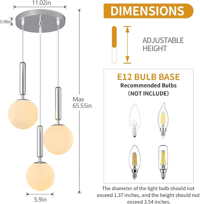 Alt view image 5 of 7 - Modern Chrome Pendant Light Hanging Fixture Light for Kitchen Island Mid Century with Globe Pendant Light Milk White Glass Pendant Lighting for Living Room Bedroom Entryway (3 Lights)
