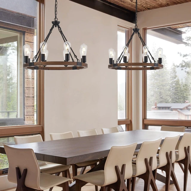 Alt view image 2 of 7 - 8 Lights 23.6'' Wooden Wagon Wheel Chandelier Farmhouse, Black Metal Ceiling Pendant Light Industrial Vintage Rustic Round Wood Chandeliers for Living Dining Room Kitchen Entryway Foyer