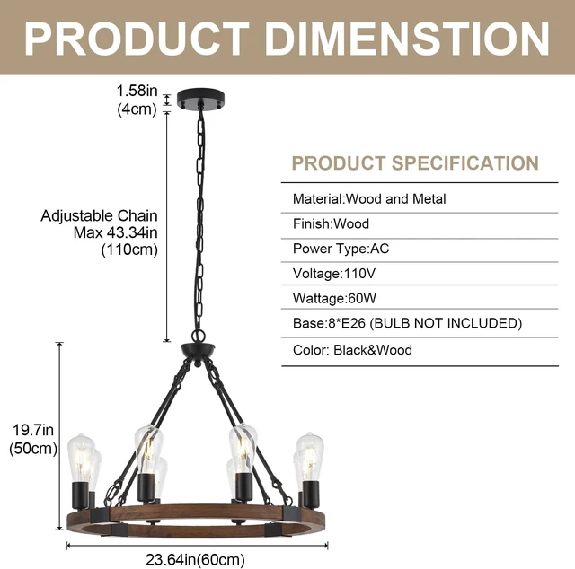 Alt view image 4 of 7 - 8 Lights 23.6'' Wooden Wagon Wheel Chandelier Farmhouse, Black Metal Ceiling Pendant Light Industrial Vintage Rustic Round Wood Chandeliers for Living Dining Room Kitchen Entryway Foyer