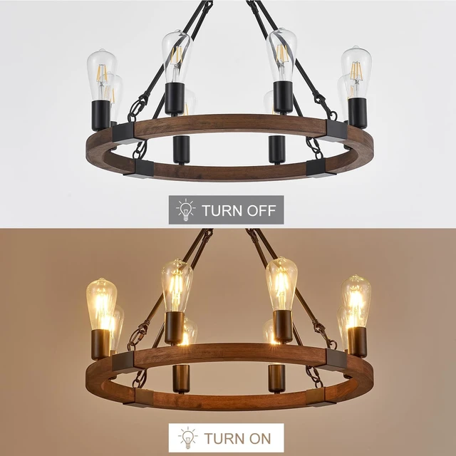 Alt view image 6 of 7 - 8 Lights 23.6'' Wooden Wagon Wheel Chandelier Farmhouse, Black Metal Ceiling Pendant Light Industrial Vintage Rustic Round Wood Chandeliers for Living Dining Room Kitchen Entryway Foyer