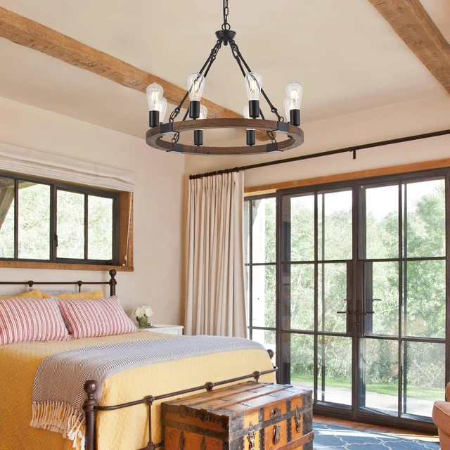 Alt view image 7 of 7 - 8 Lights 23.6'' Wooden Wagon Wheel Chandelier Farmhouse, Black Metal Ceiling Pendant Light Industrial Vintage Rustic Round Wood Chandeliers for Living Dining Room Kitchen Entryway Foyer