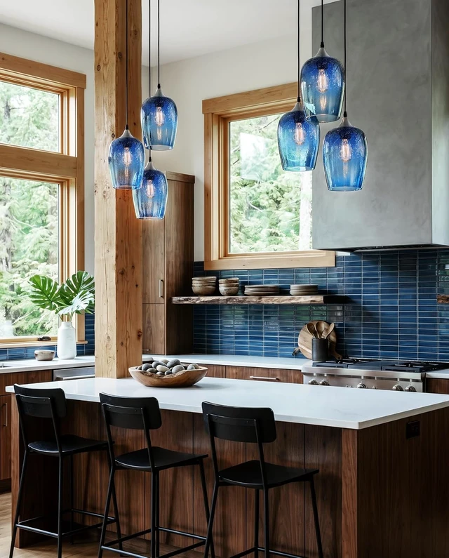 Alt view image 3 of 7 - Blue Pendant Lights 3-Lights Glass Chandelier 7 Inch