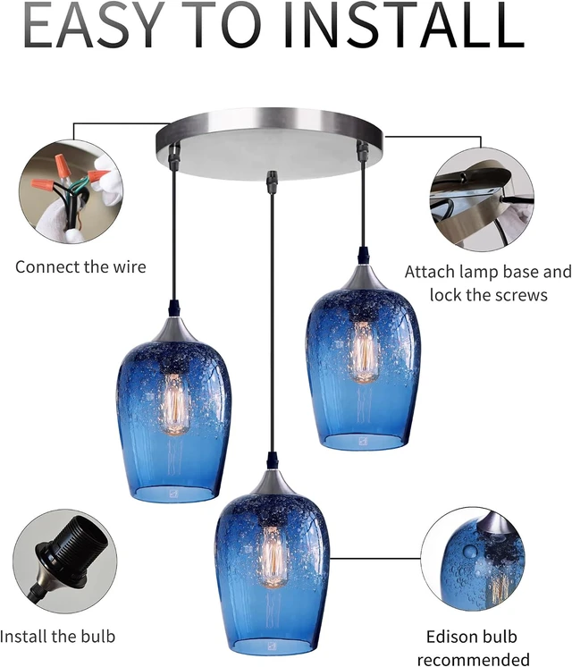 Alt view image 6 of 7 - Blue Pendant Lights 3-Lights Glass Chandelier 7 Inch