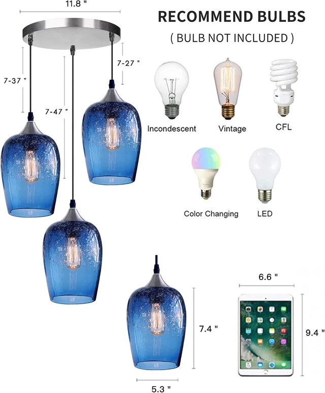 Alt view image 7 of 7 - Blue Pendant Lights 3-Lights Glass Chandelier 7 Inch