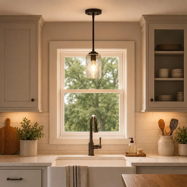 Alt view image 2 of 7 - KSANA Pendant Lights Kitchen Island, 3.9'' Mini Modern Oil Rubbed Bronze Pendant Hanging Lights Fixture with Seeded Glass Shade for Kitchen Sink, Foyer, Hallway, Bedroom Nooks and Powder Rooms