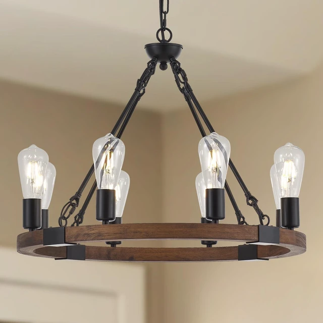 Main image of 8 Lights 23.6'' Wooden Wagon Wheel Chandelier Farmhouse, Black Metal Ceiling Pendant Light Industrial Vintage Rustic Round Wood Chandeliers for Living Dining Room Kitchen Entryway Foyer